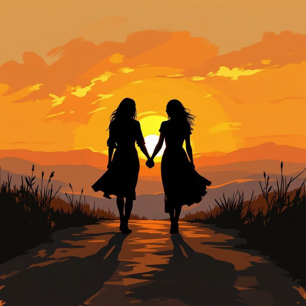 Best Friends Silhouetted Against Sunset