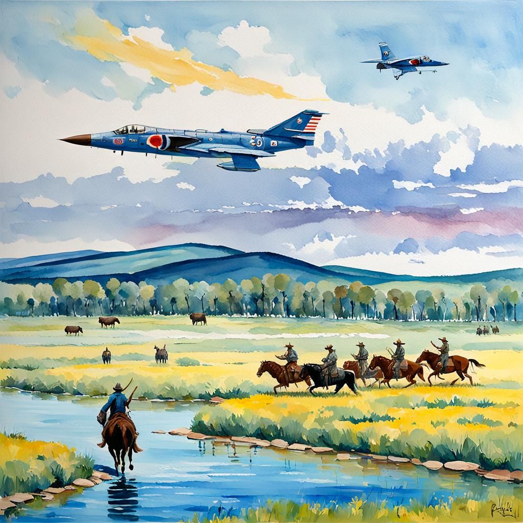 Starfighter Over Prairie, Gouache Impressionist Masterpiece