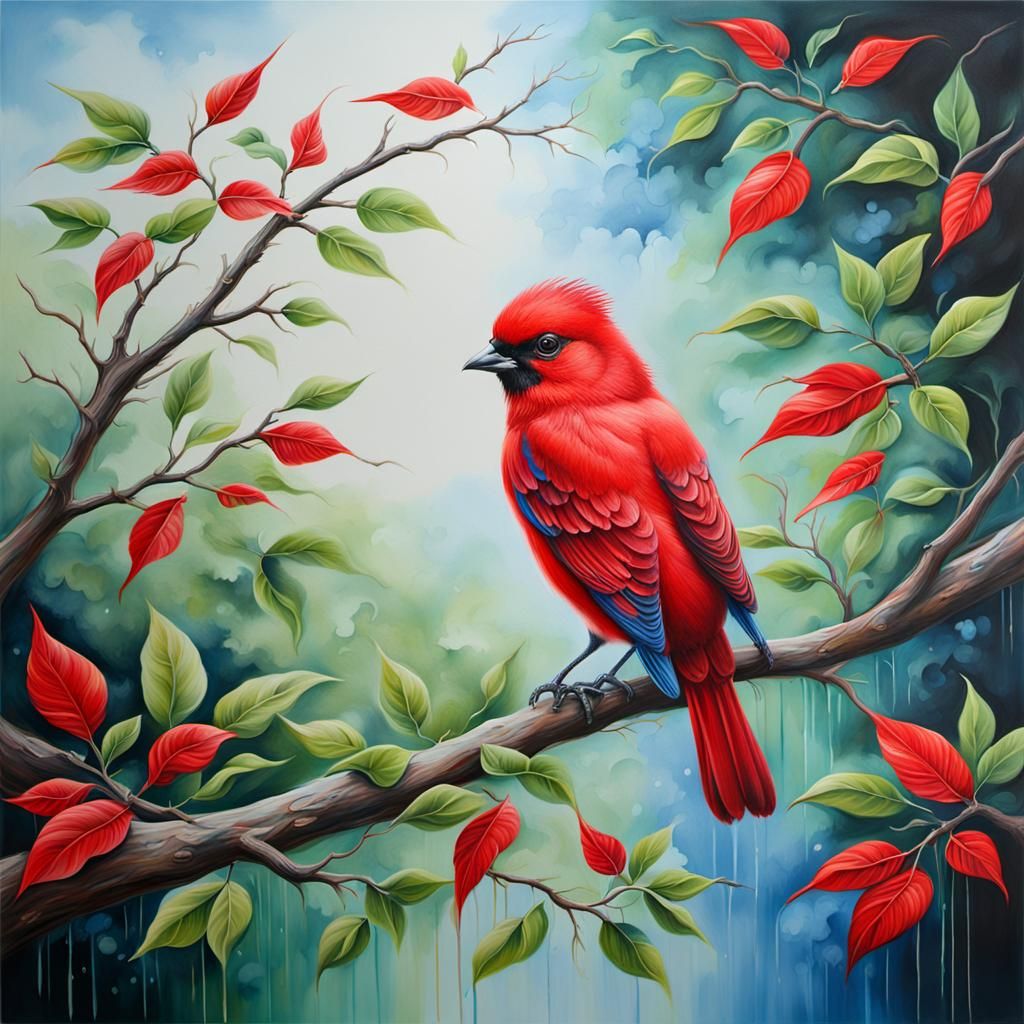 Vibrant Red Bird Painting in Hyperrealistic Style
