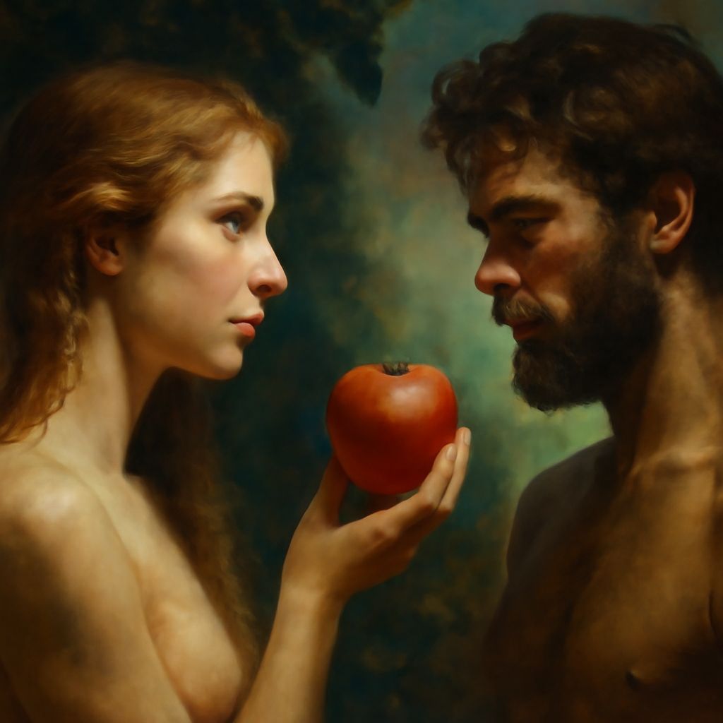 Eve Offers Adam the Apple: Hyperrealistic Splash Art