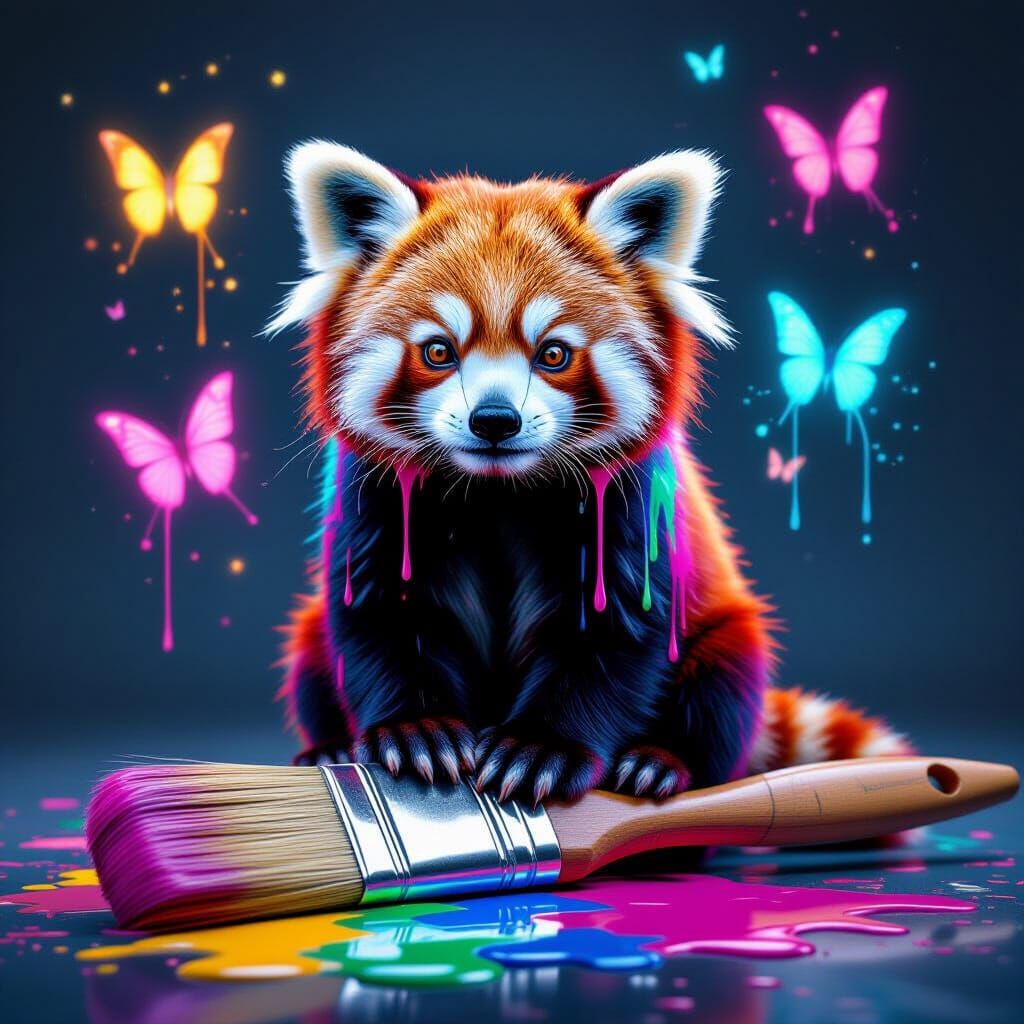 Red Panda in Neon Drips on Paintbrush with Butterfly Splashe...