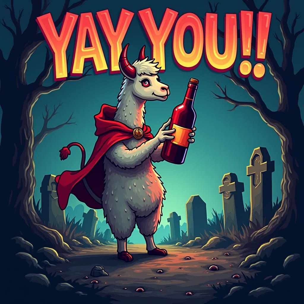 Llama Devil Costume in Cemetery, Digital Art