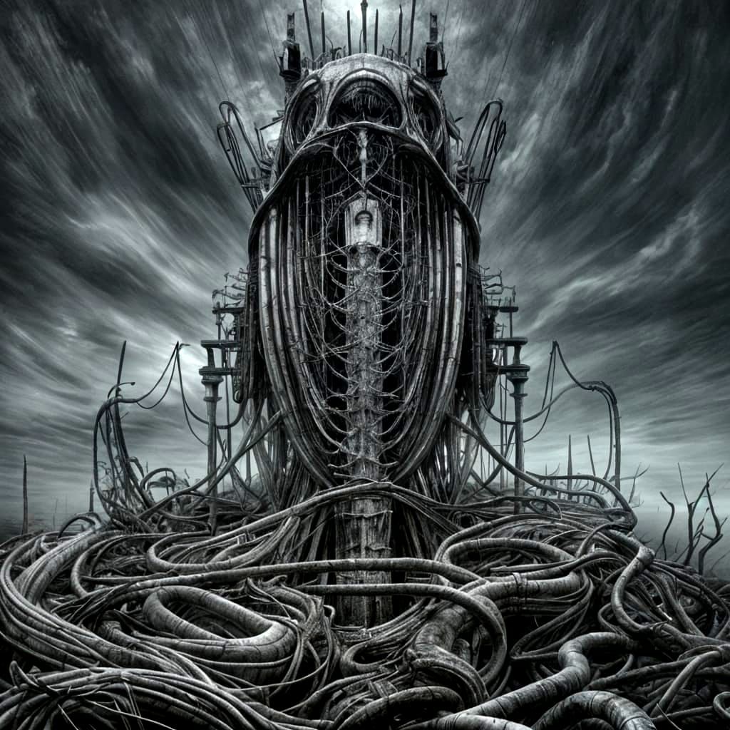 Surreal Ghost Ship at Night in Dark Biomechanical Style