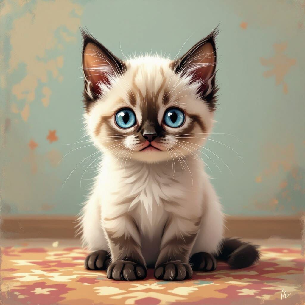 Curious Siamese Kitten with Blue Eyes in Digital Art Style