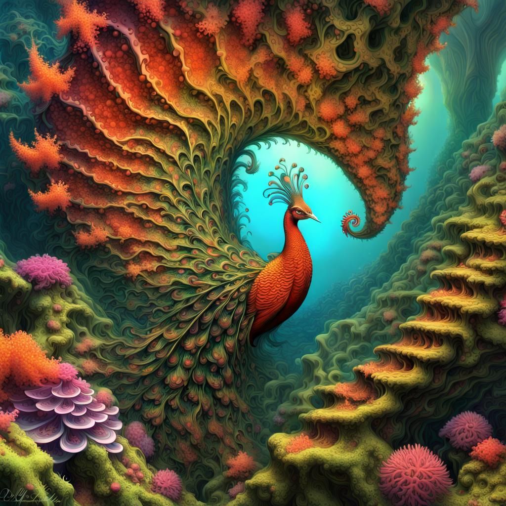 Fractal Peacock Garden with Ancient Trees