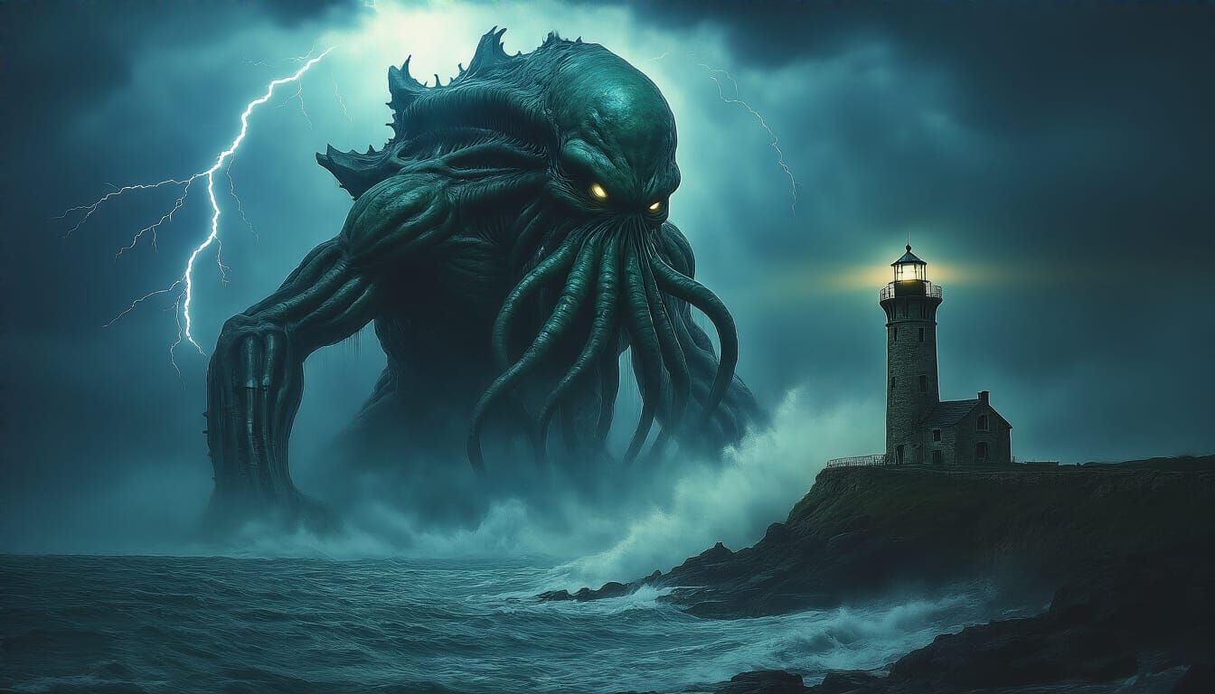 Biomechanical Cthulhu Attacks Lighthouse in Eerie Splash Art