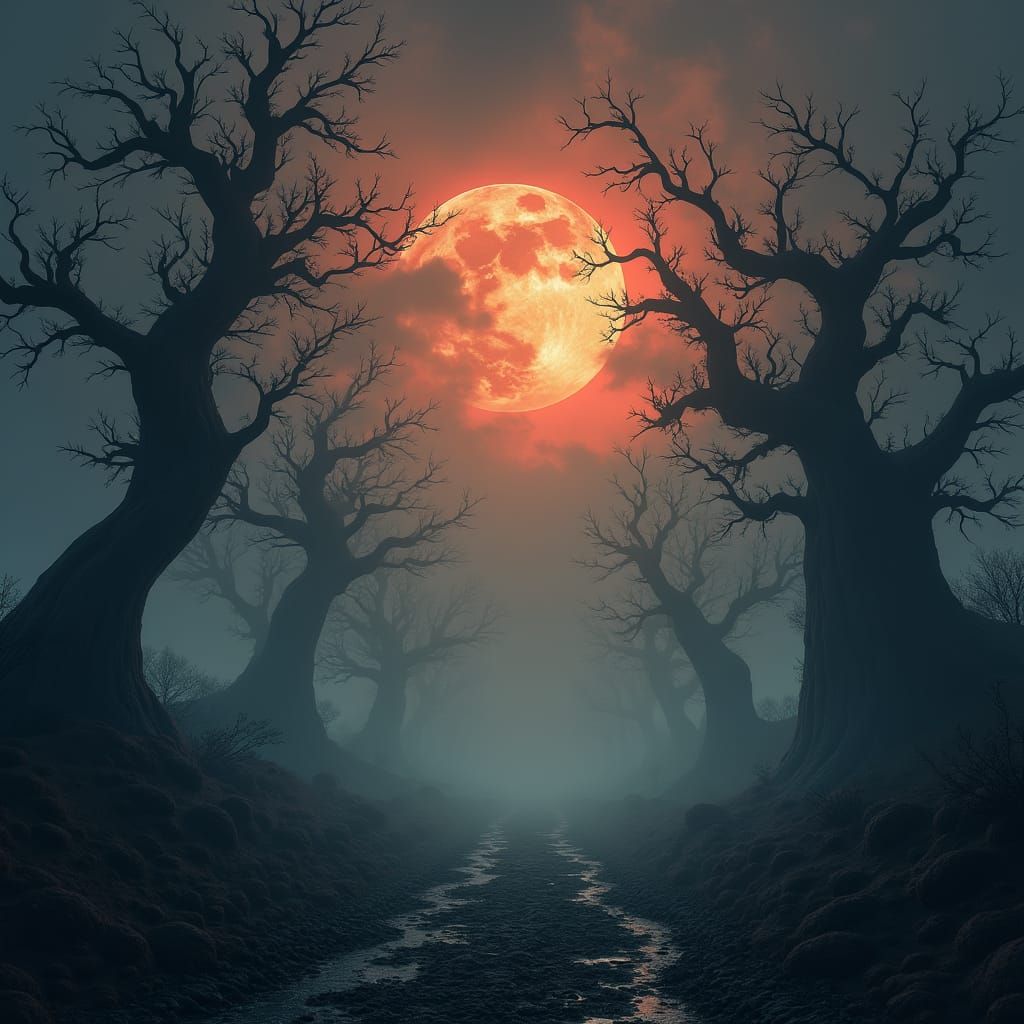 Ethereal Halloween Landscape in Eerie, Mystical Style