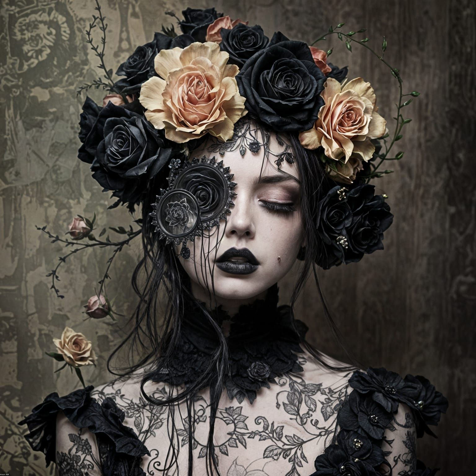 Goth Grunge Portrait with Roses in Hyperrealism
