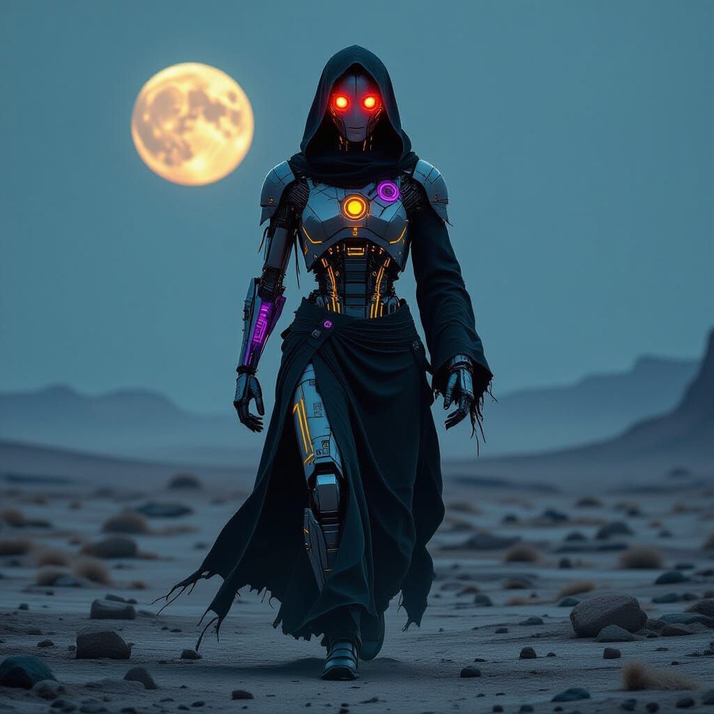 Android with Glowing Eyes on Barren Moonlit Landscape