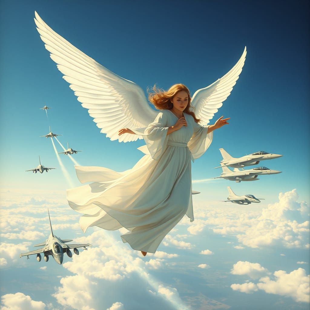 Angel Soars Amidst Fighter Jets in Futuristic Scene