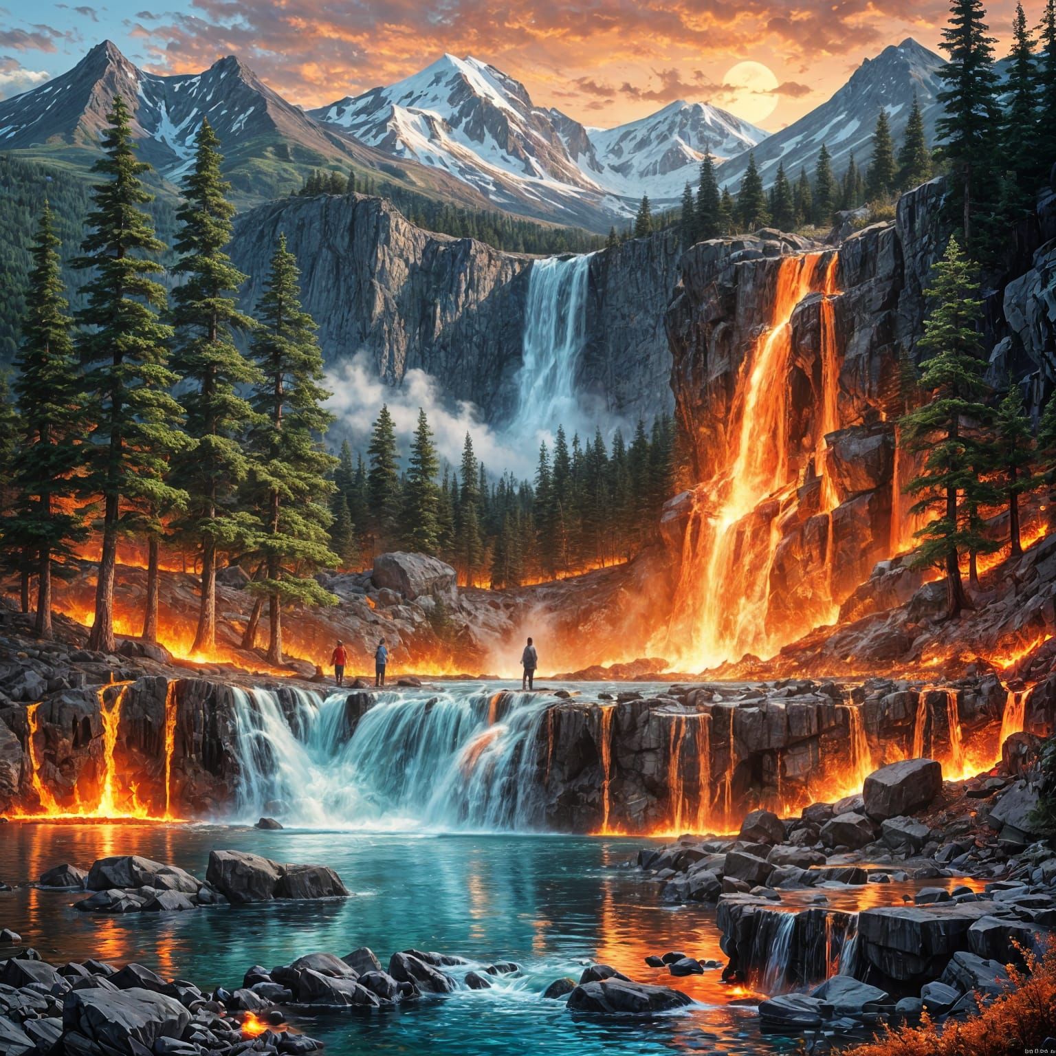 Lava Waterfall Cascading into Crystal Lake