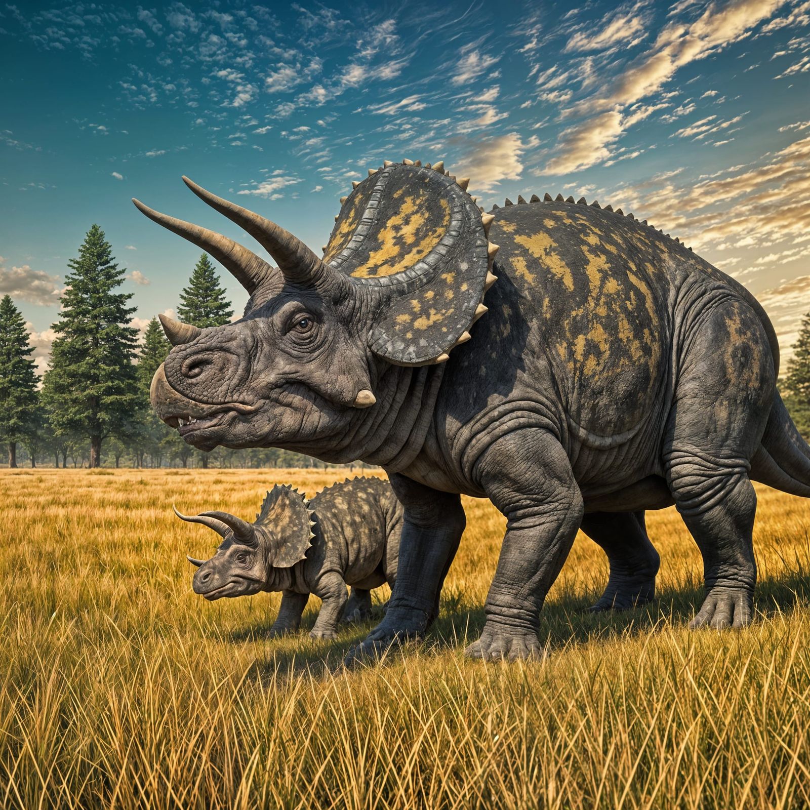 Triceratops Family Roams Prehistoric Savannah