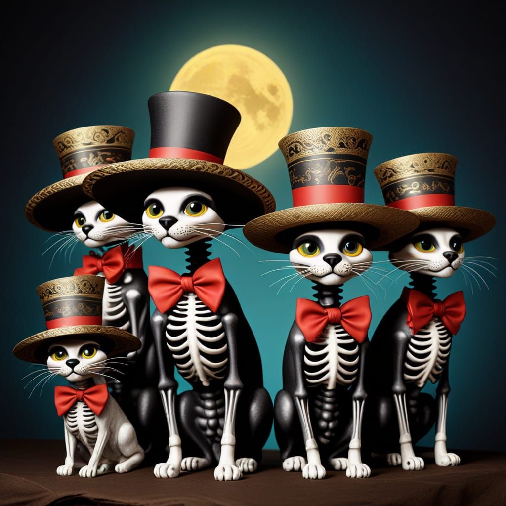 Skeleton Cats in Sombreros, Posada Style