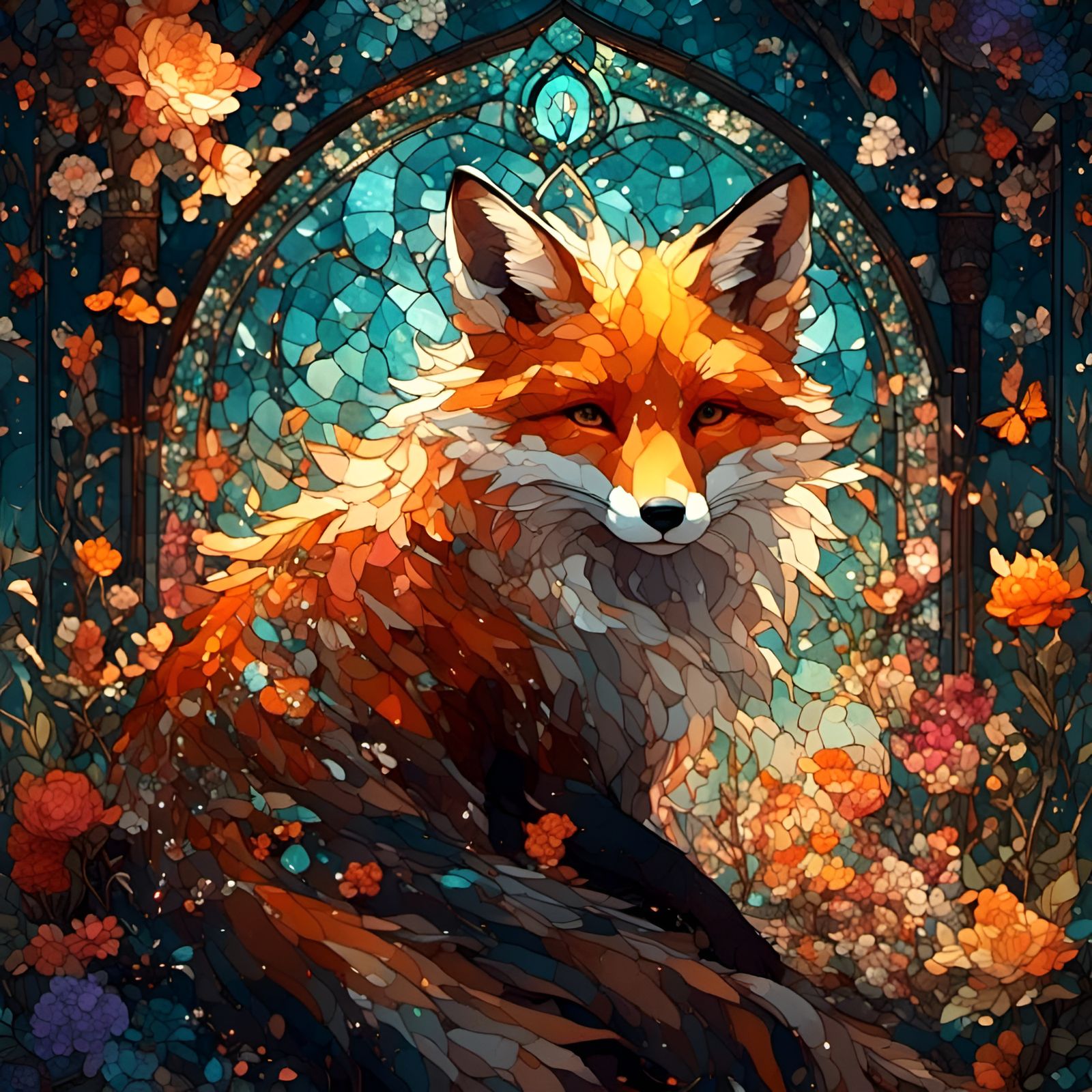 Stained Glass Fox and Flowers with Fireflies