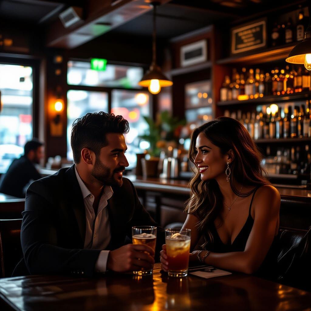 Latino Man and Woman Enjoy Drinks at Atmospheric Bar
