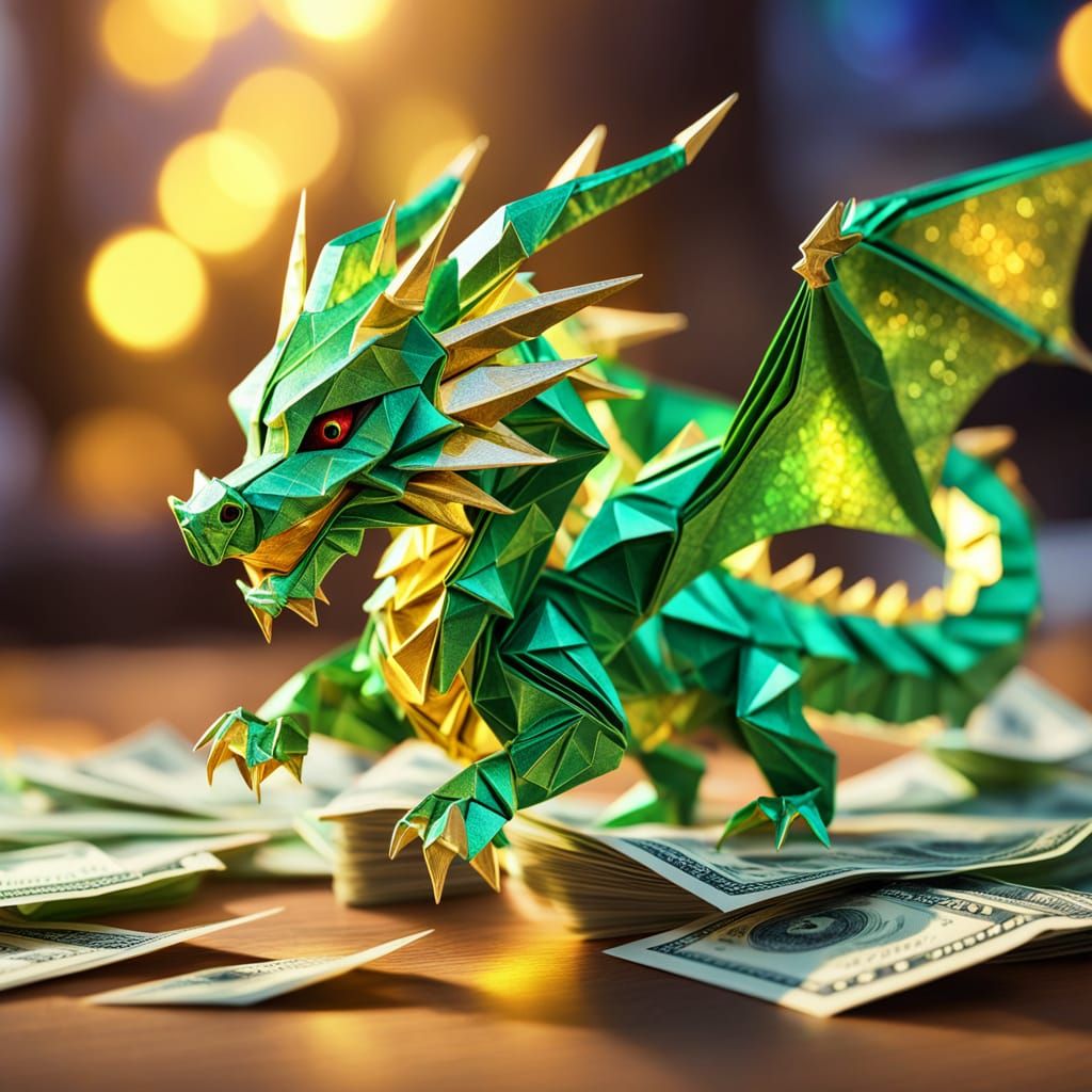 Green Origami Dragon Crafted from Hundred-Dollar Bills