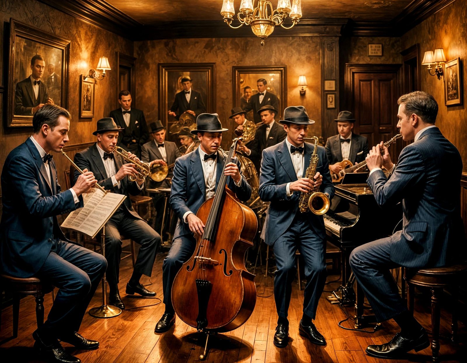 Jazz Band in 1920s Speakeasy: Impressionist Oil Painting