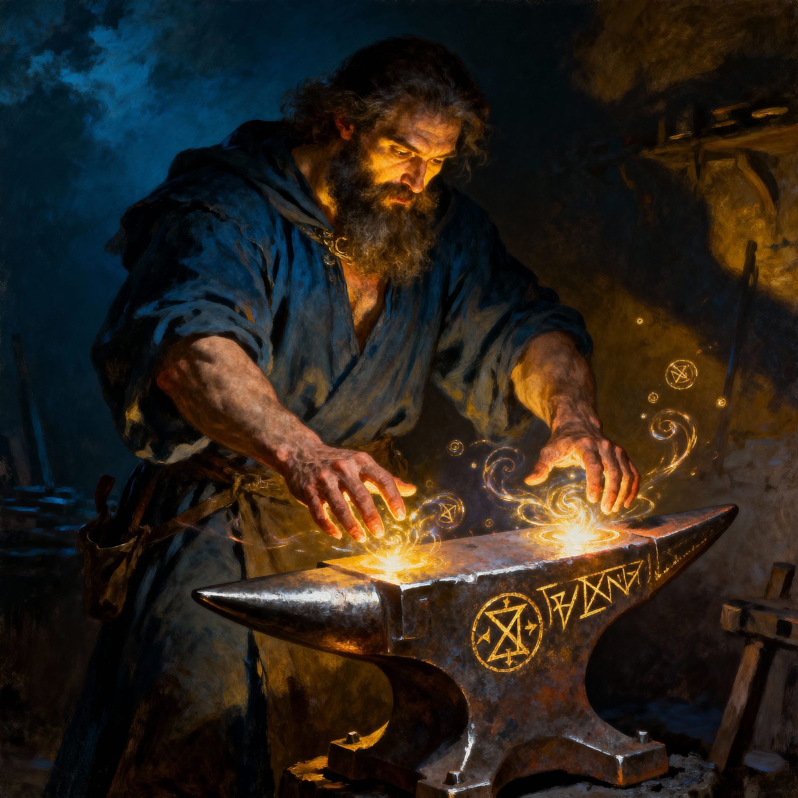 Wizard Blacksmith Forges Plough With Magic in Classical Pain...
