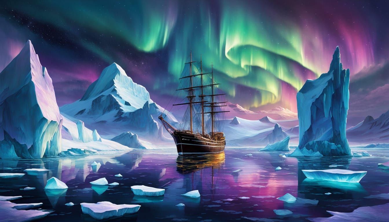Sailing Vessel Amidst Northern Lights in a Vivid Oil Paintin...