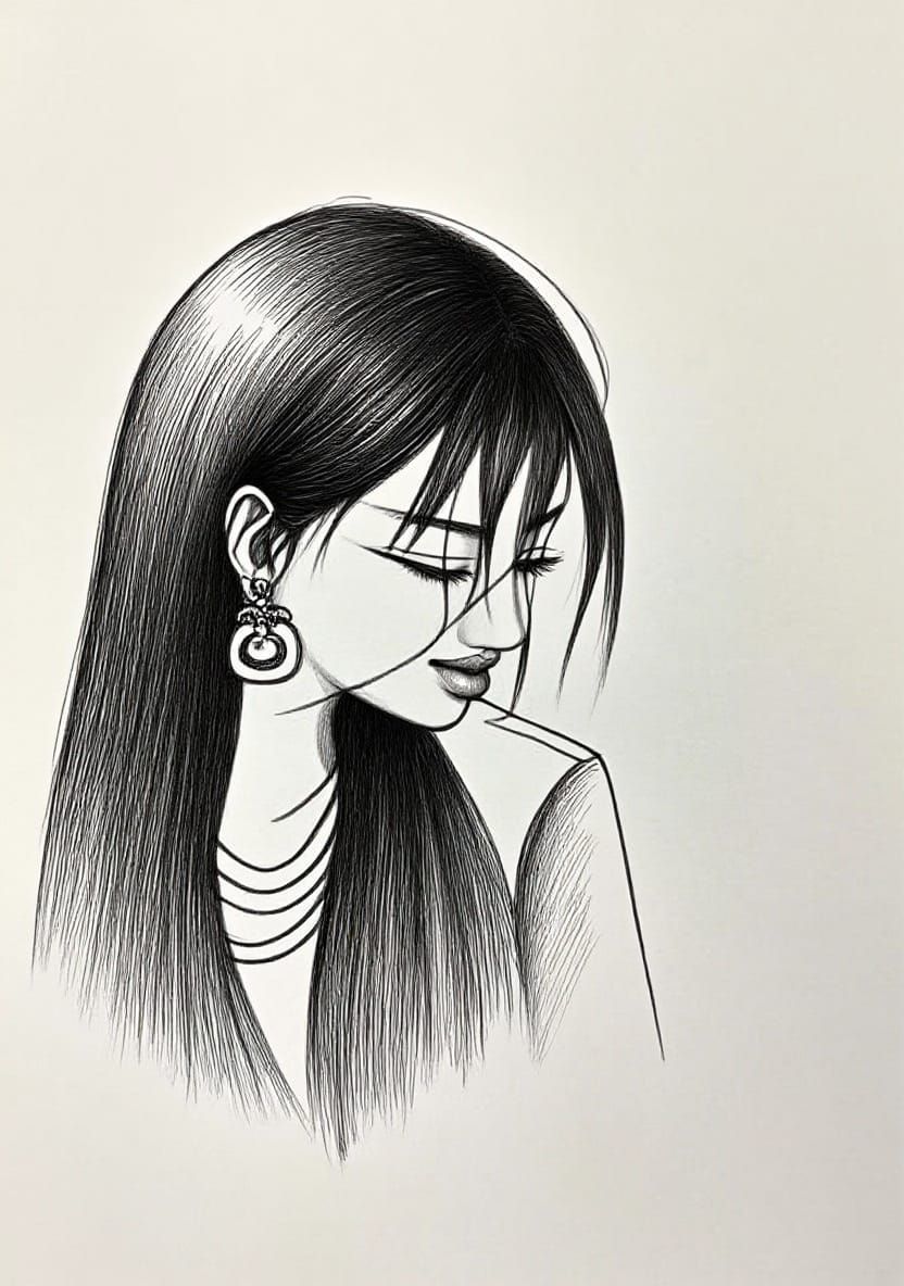 Elegant Woman with Black Hair in Ballpoint Pen Style