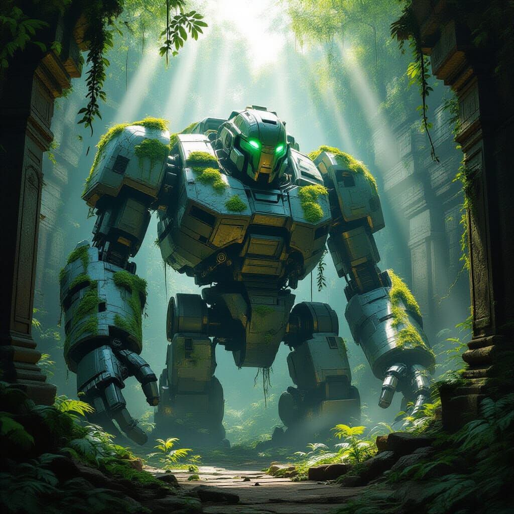 Ancient Robot Slumbers in Jungle Temple, Epic Concept Art