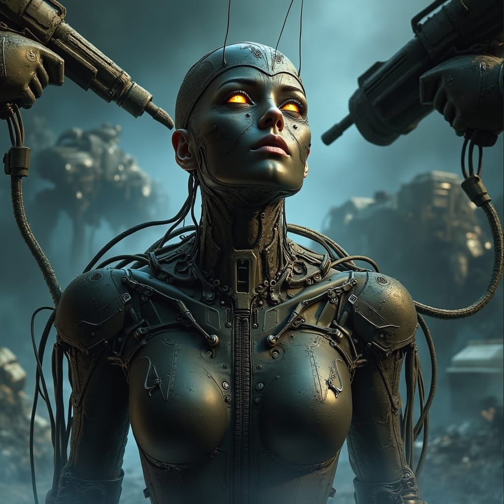 Cyborg Woman in Ruined Cityscape Cinematic Style