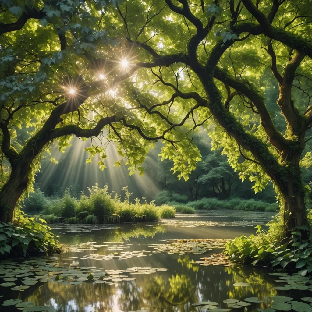 Ivy Branches Reach for Water in Sunlit Pond