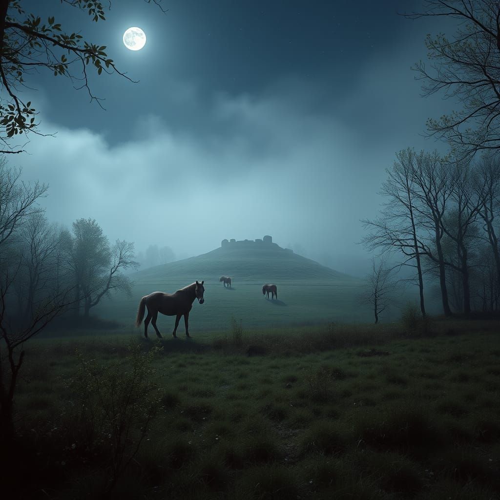 Horse Grazing in Misty Woodland Landscape