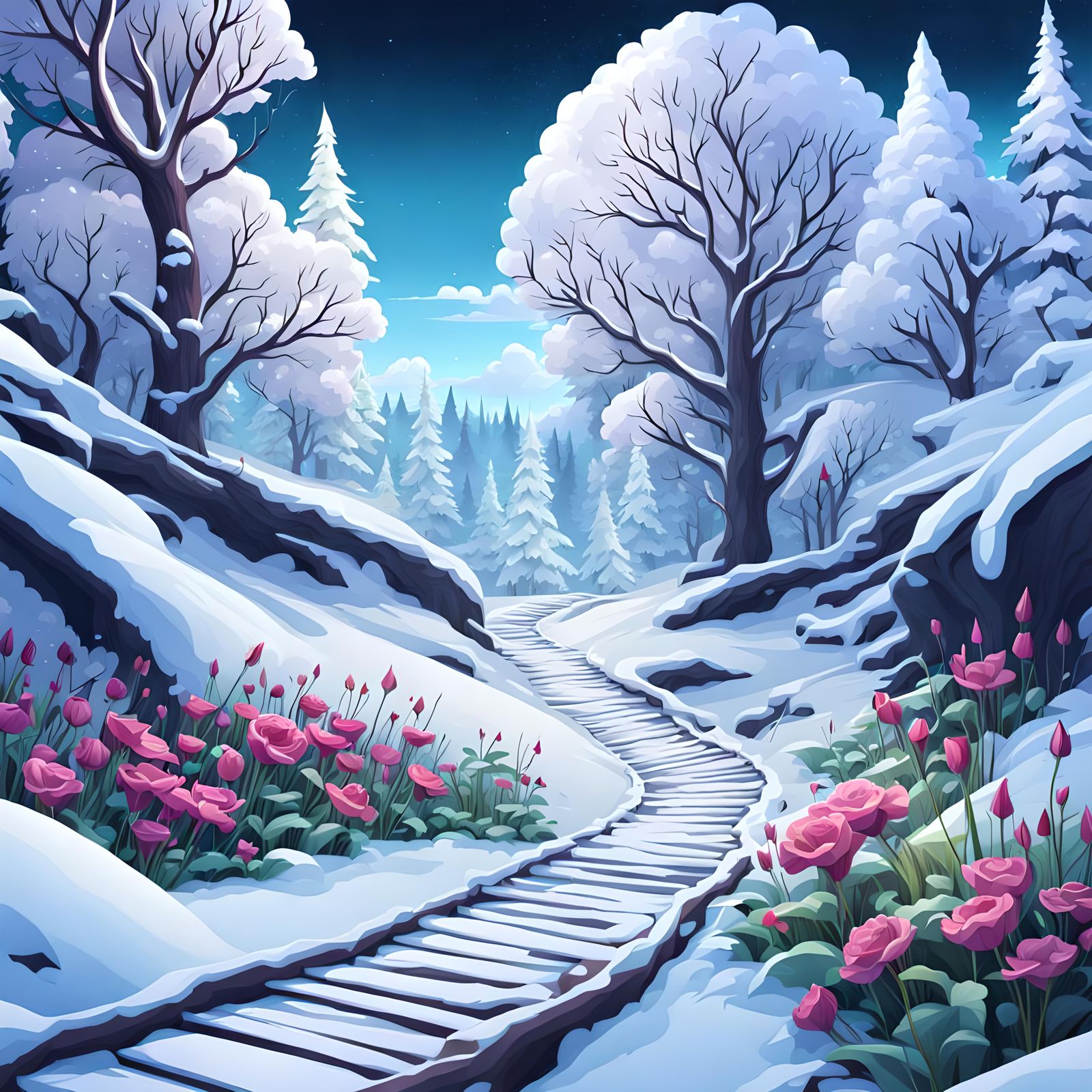 Flower, forest, snow, background sky, path, detailed  fantasy illustration