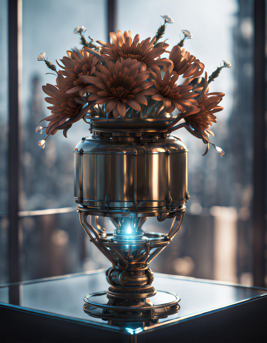 Steampunk Flower Vase with Futuristic Design