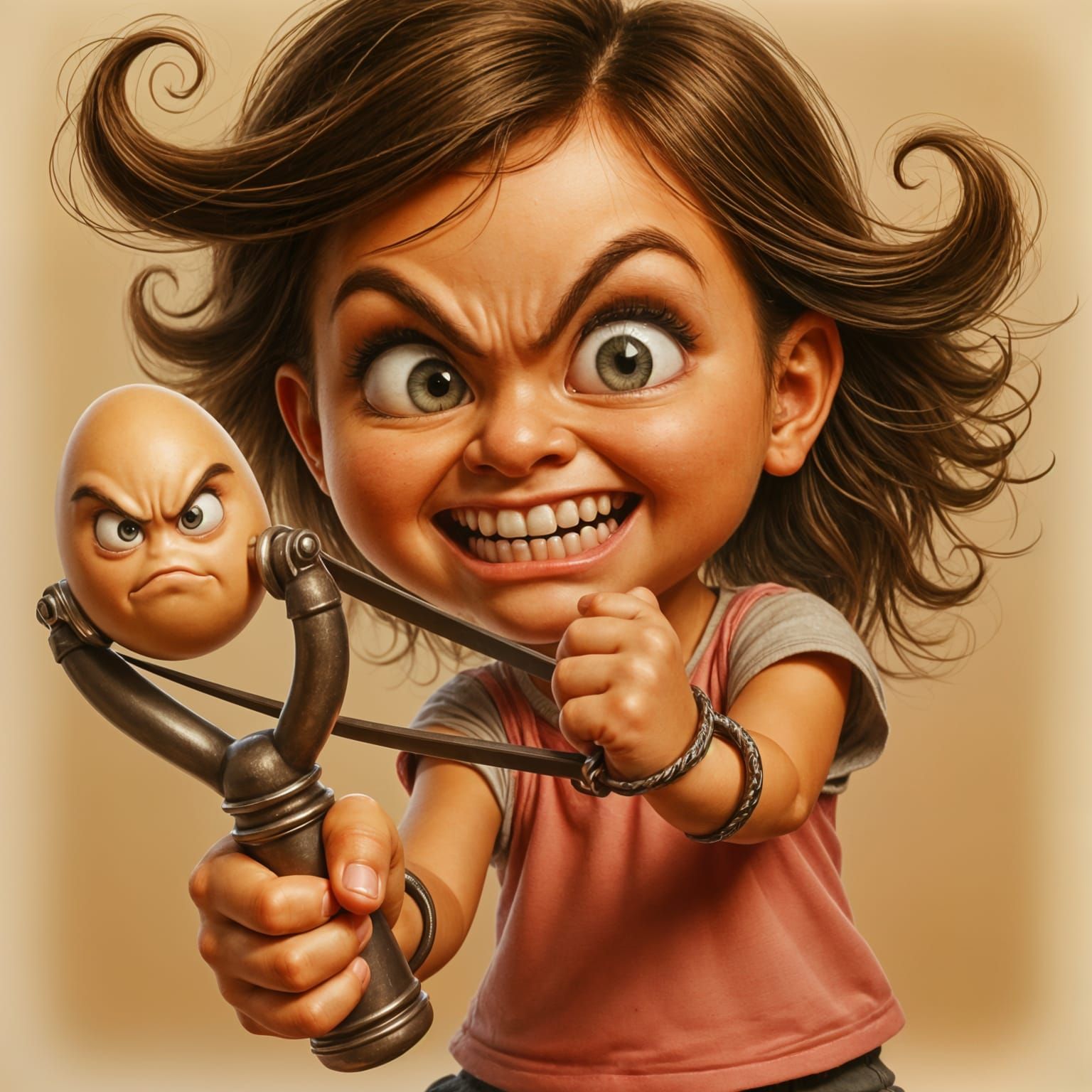 Cute Girl Aims Slingshot with Angry Egg