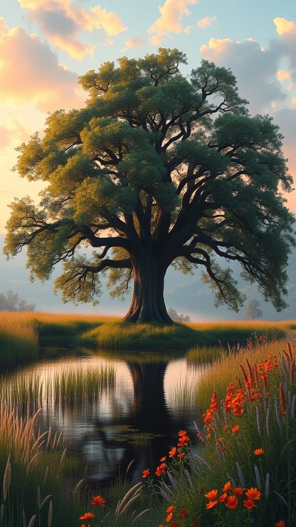 Oak Tree at Sunset in Impressionistic Style