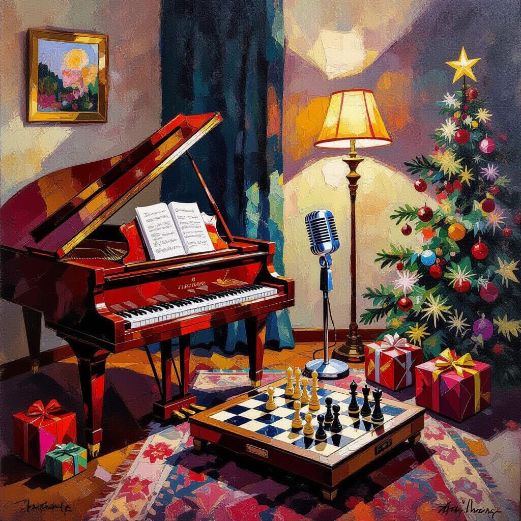 Festive Christmas Piano, Chess, and Microphone Scene