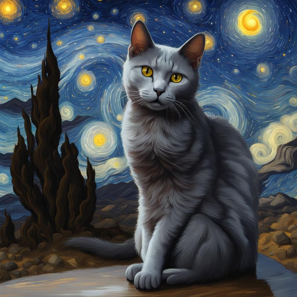 Russian Blue Cat in Starry Night, Van Gogh Style