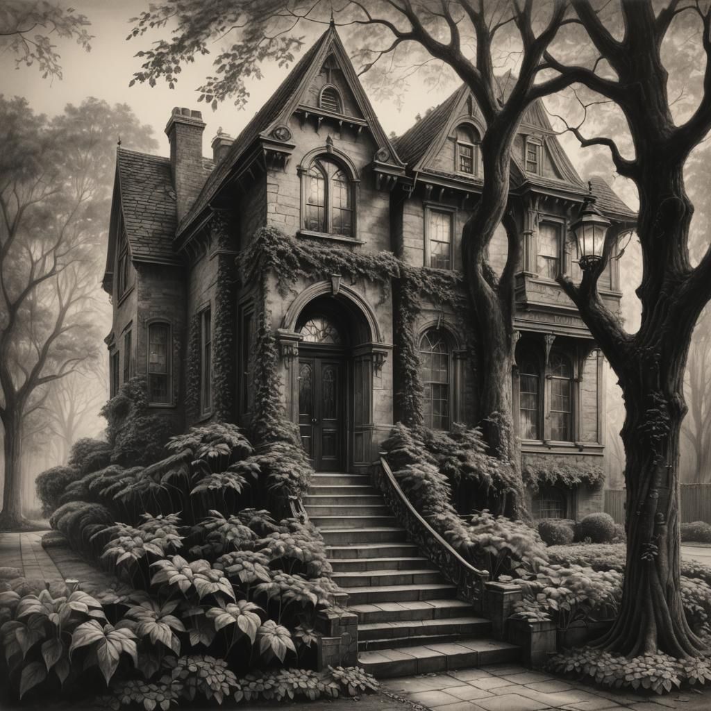 Eerie Victorian House in Detailed Charcoal Drawing