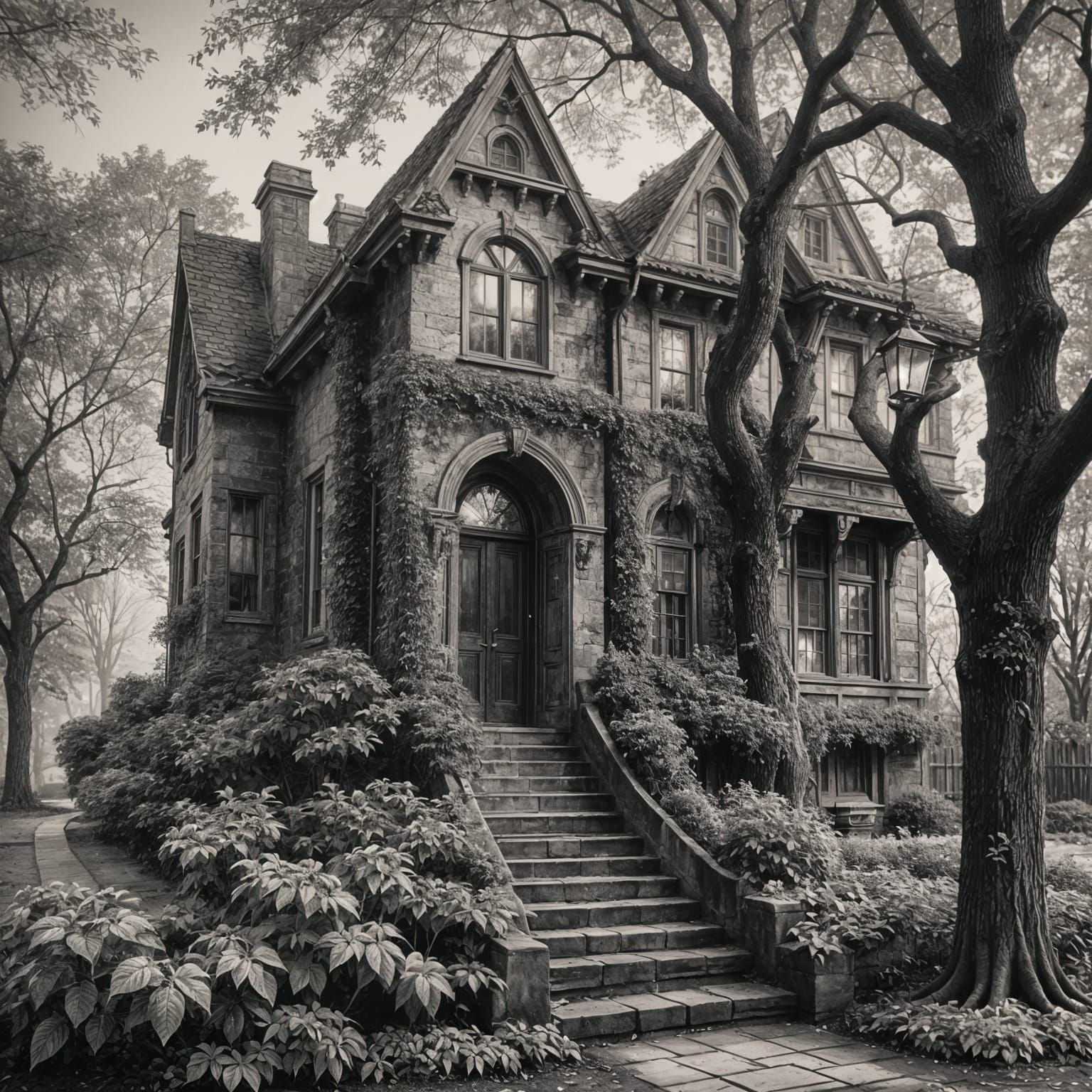 Eerie Victorian House in Detailed Charcoal Drawing