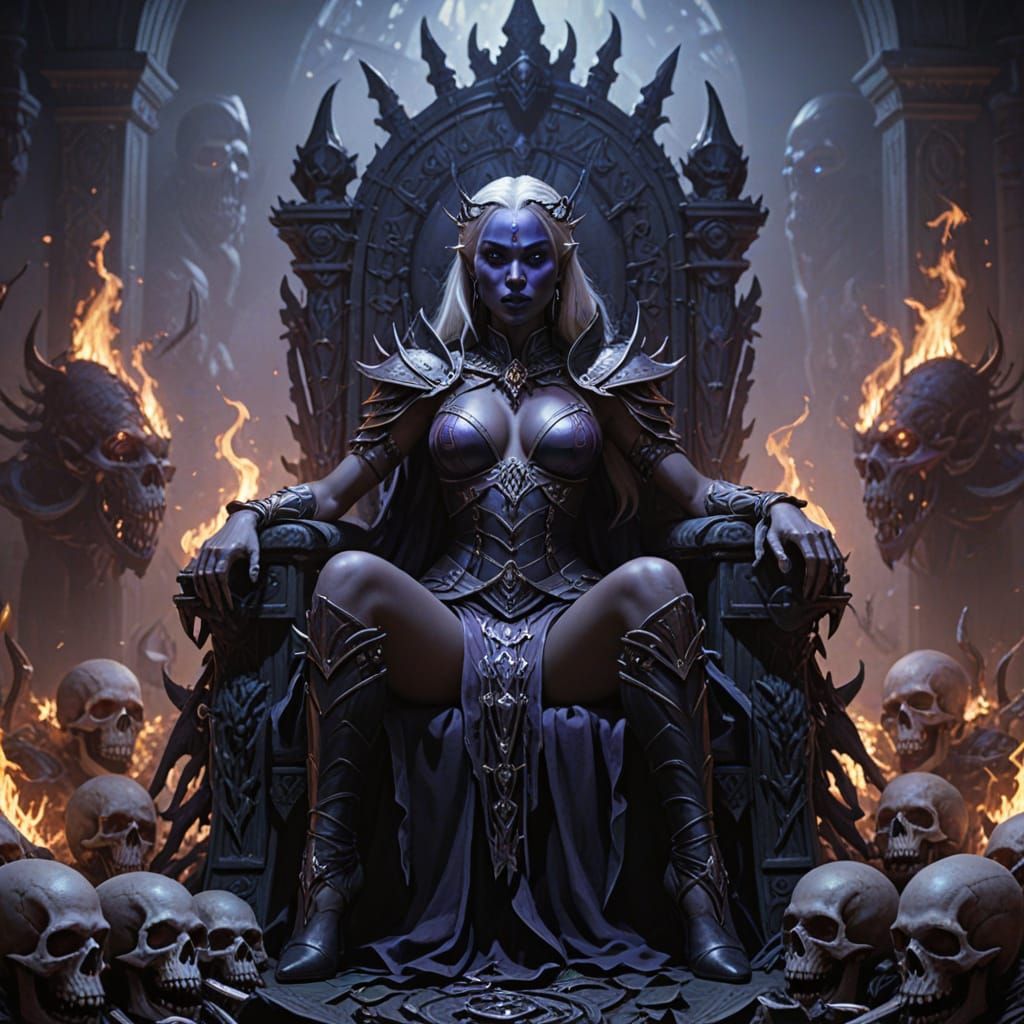Drow Warrior Queen on Skull Throne in Dark Fantasy Art