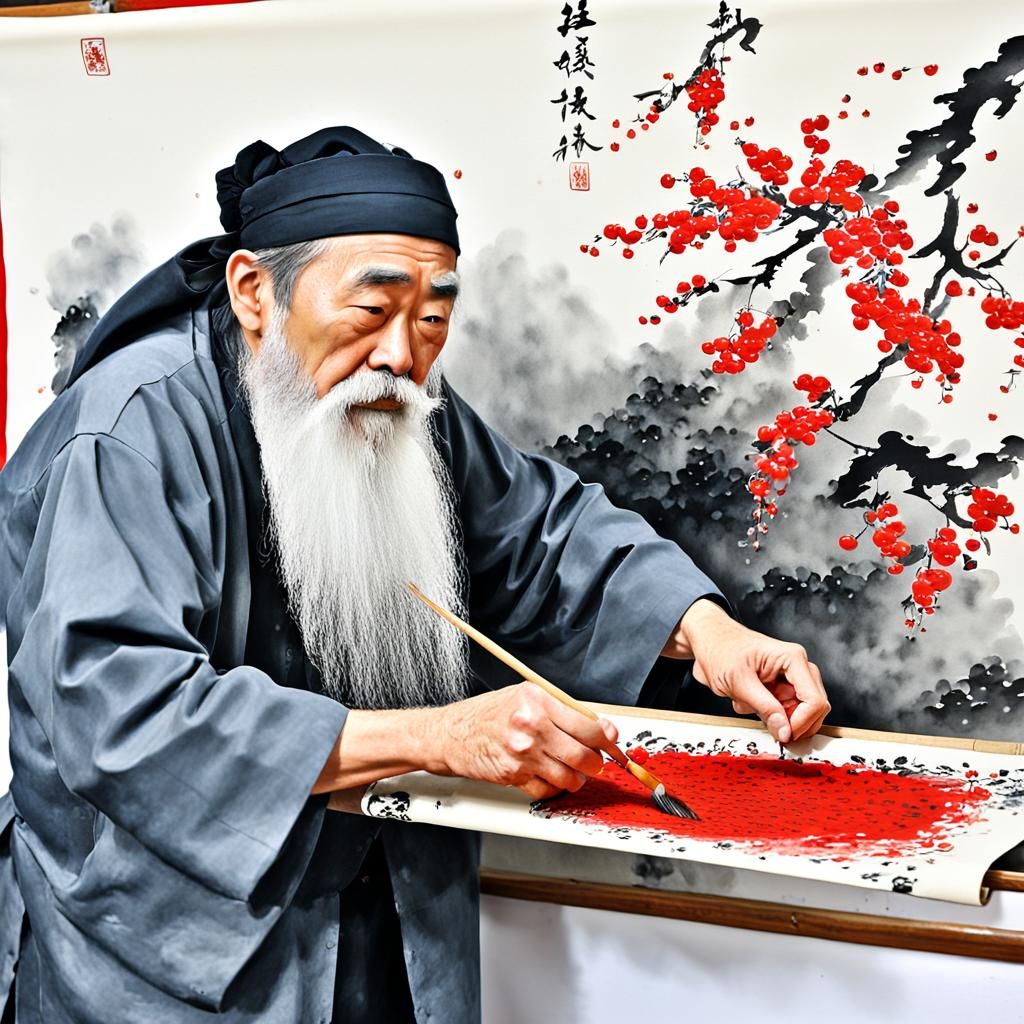 Chinese Ink Painting of Cherries by Bearded Painter