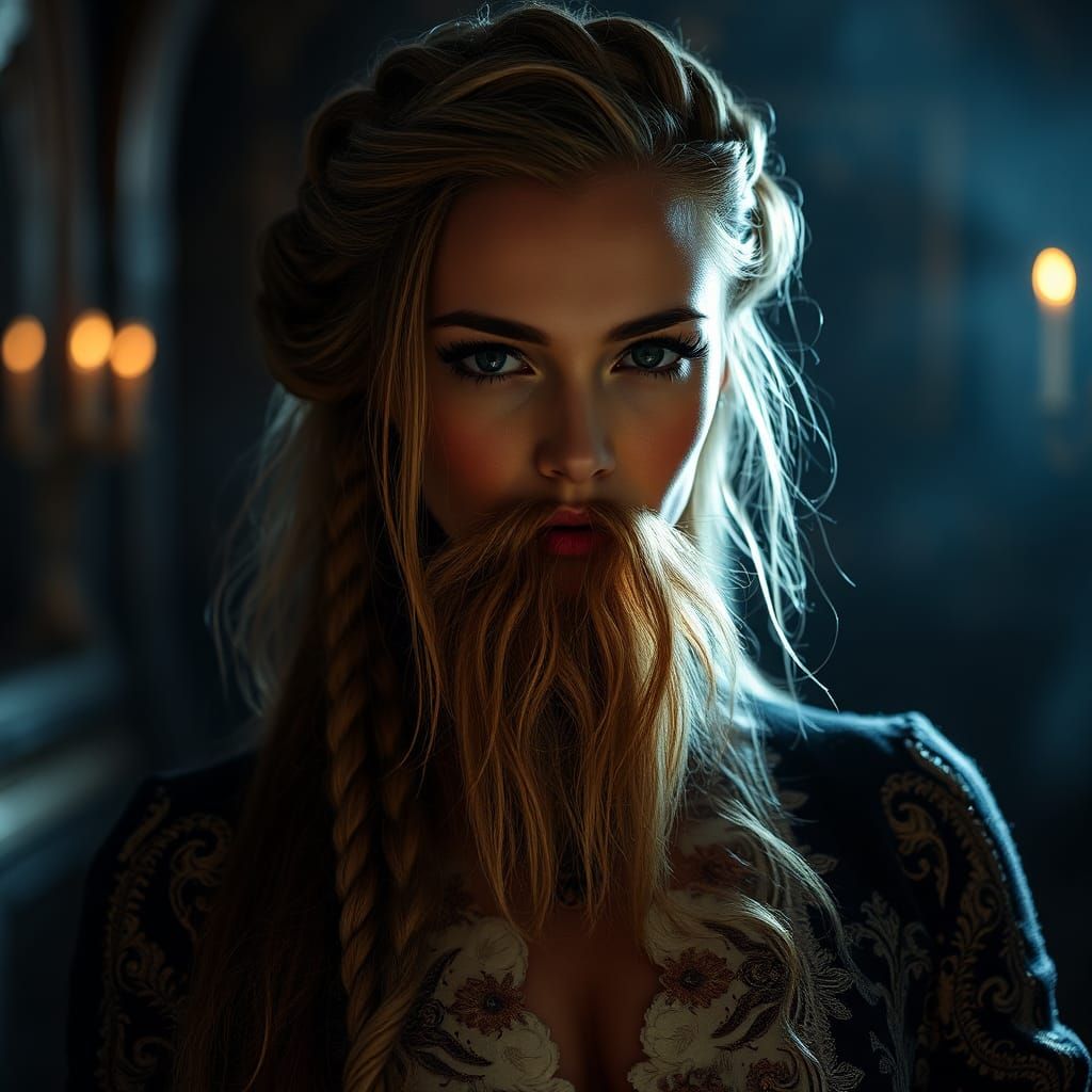 Victorian Woman with Braided Beard in Cinematic Lighting