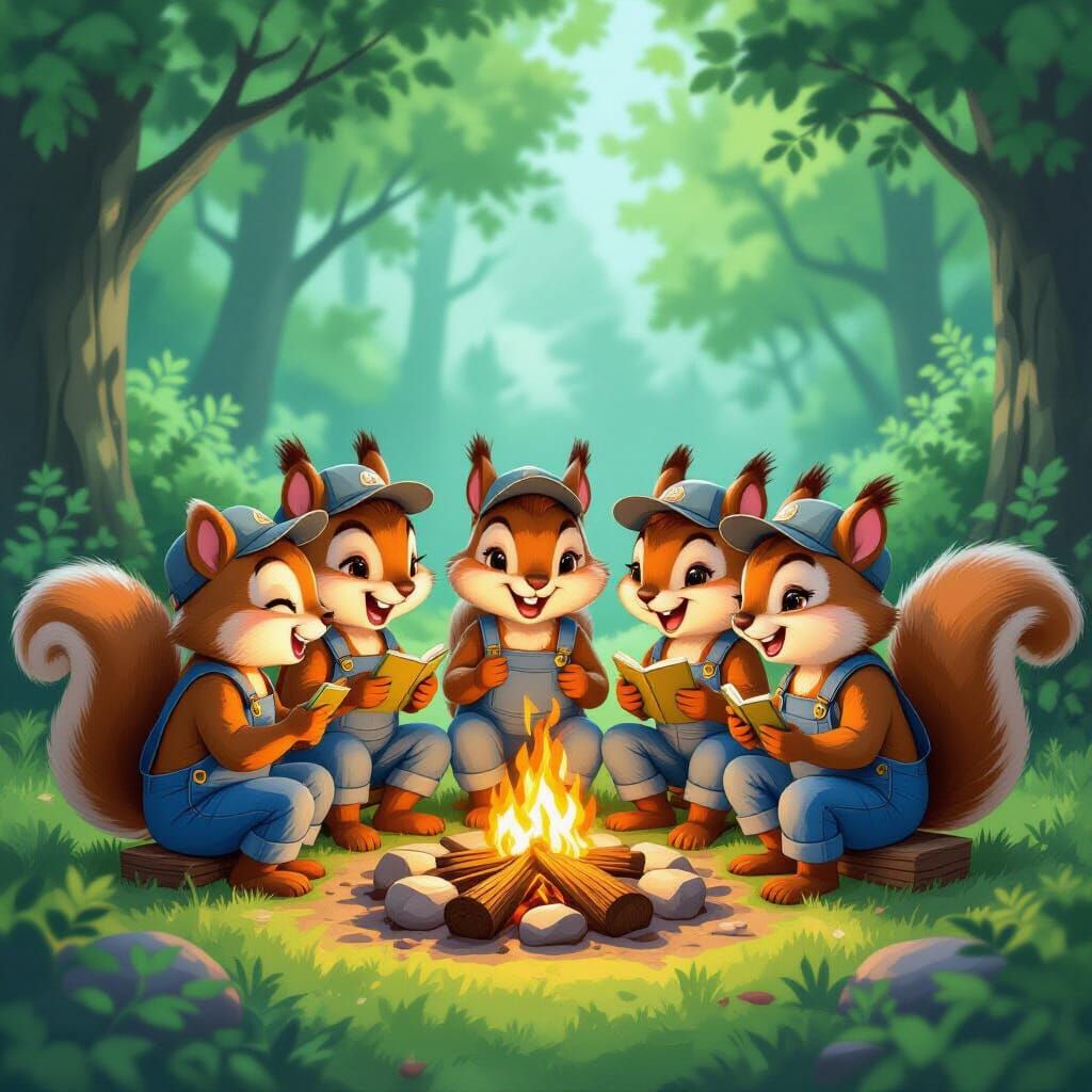 Anthropomorphic Squirrels Sharing Stories Around a Campfire