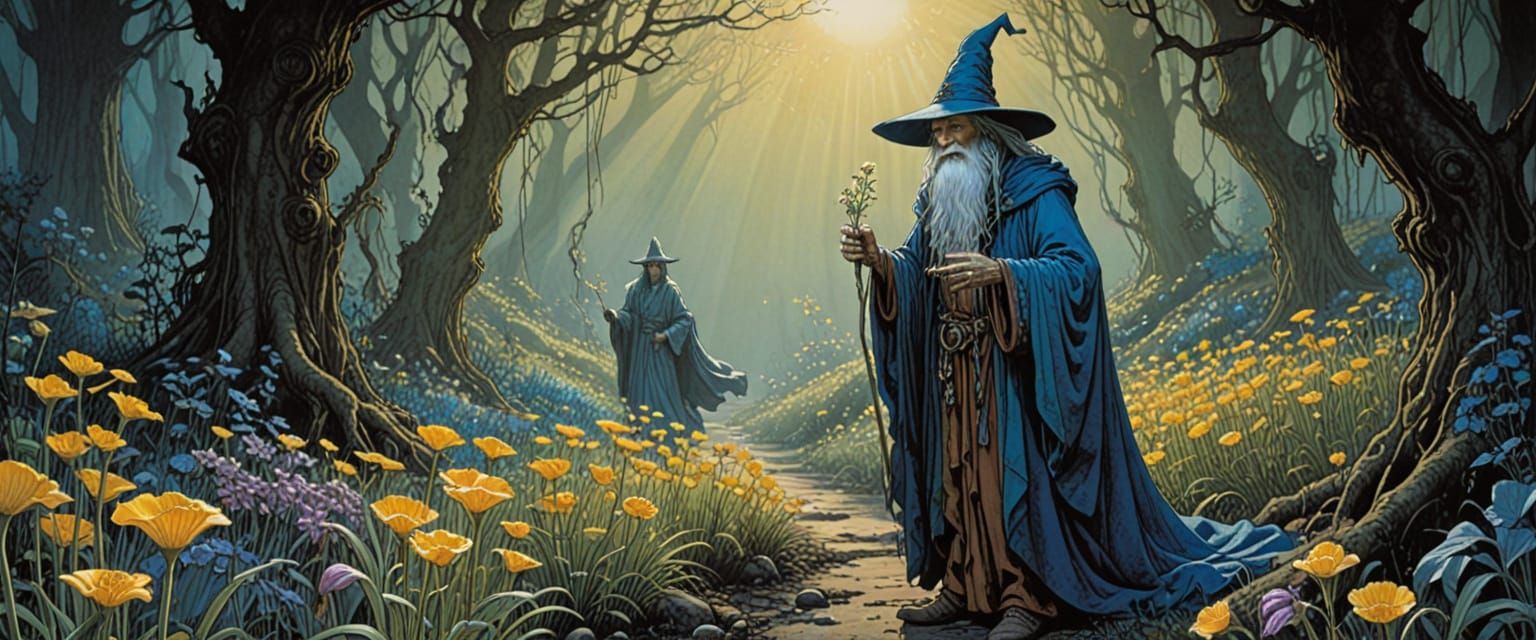 Mysterious Wizard Amidst Glowing Flowers in Volumetric Light