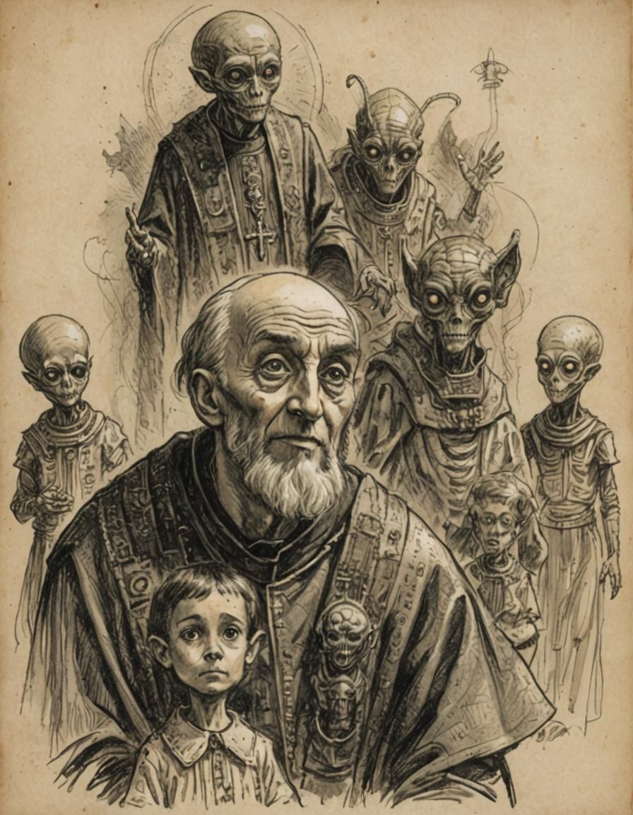 Priest with Aliens and Children: AI Generated Image