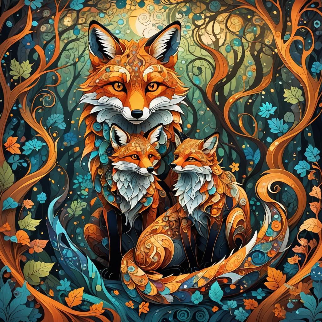Fox and Cub in Abstract Fractal Forest