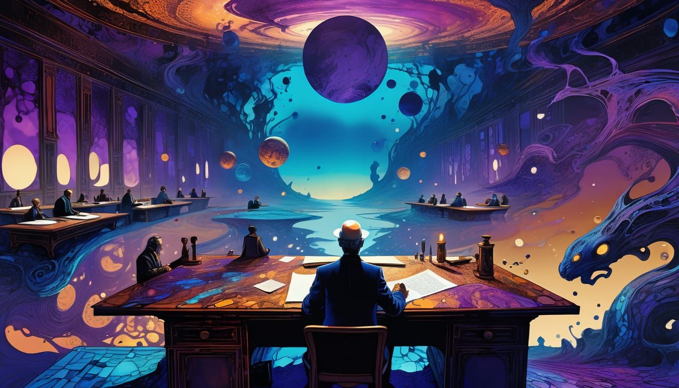 Surreal Man at Desk in Dreamlike Moebius-Inspired Scene