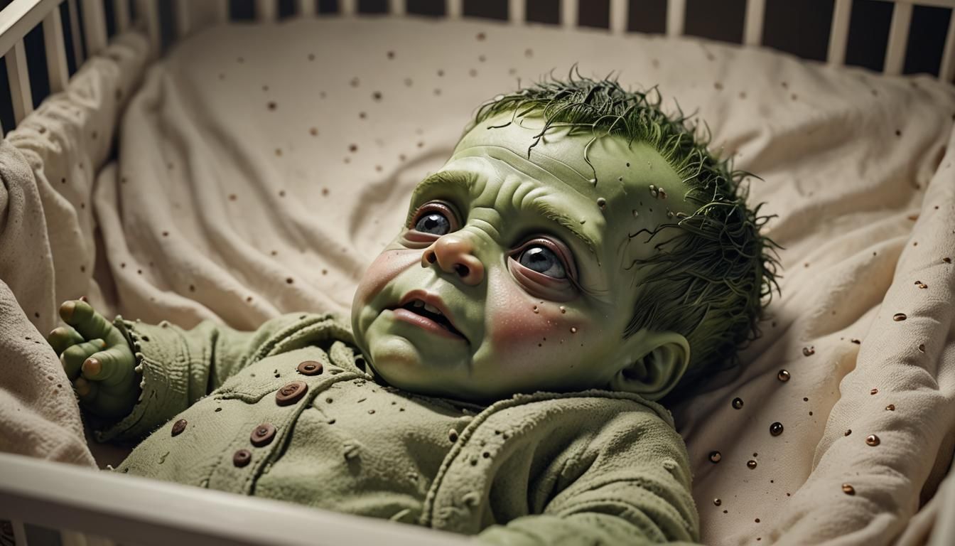 Hyper-Realistic Baby Frankenstein in Crib Digital Art