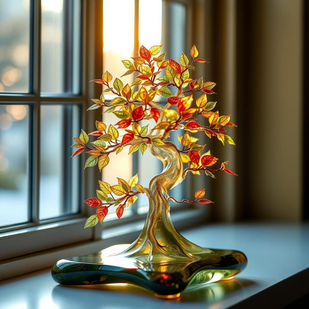Ethereal Enamelled Glass Bonsai Tree in Impressionist Light