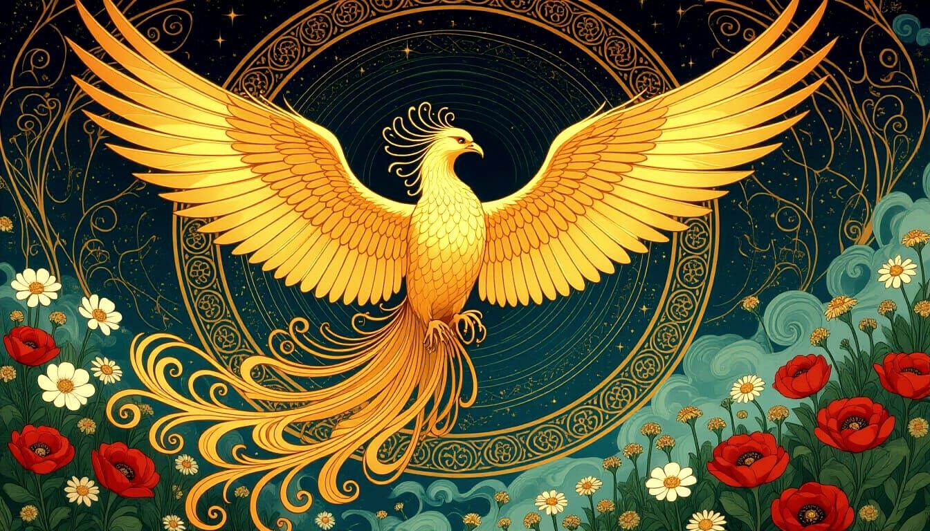 Majestic Phoenix Rises in Cosmic Art Nouveau Style