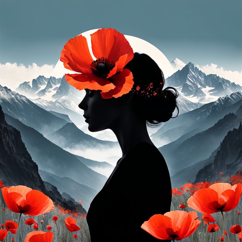 Surreal Mountain Silhouette with Poppies in a Dreamlike Land...