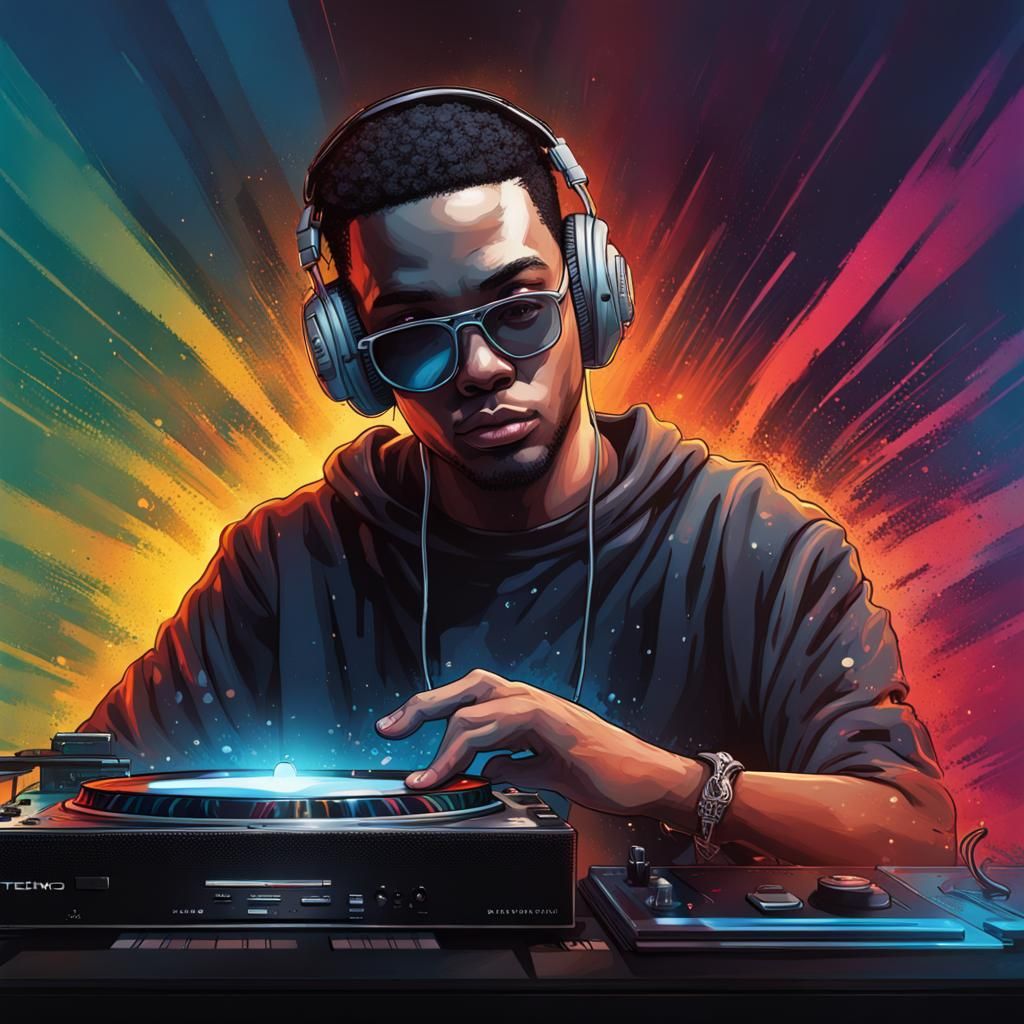 Detroit Techno DJ in Hyperrealistic Splash Art Style