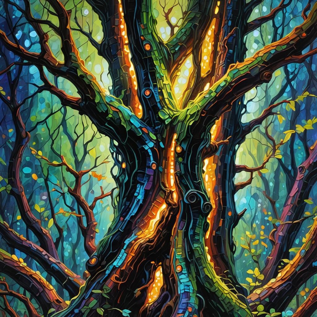 Fluorescent glow worm climbing a tree in an enchanted forest